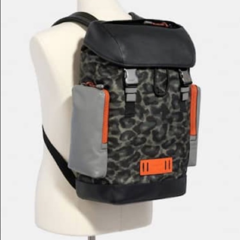 NEW COACH Men’s Ranger Black Leather Laptop Animal Camo Travel Backpack Bag $650